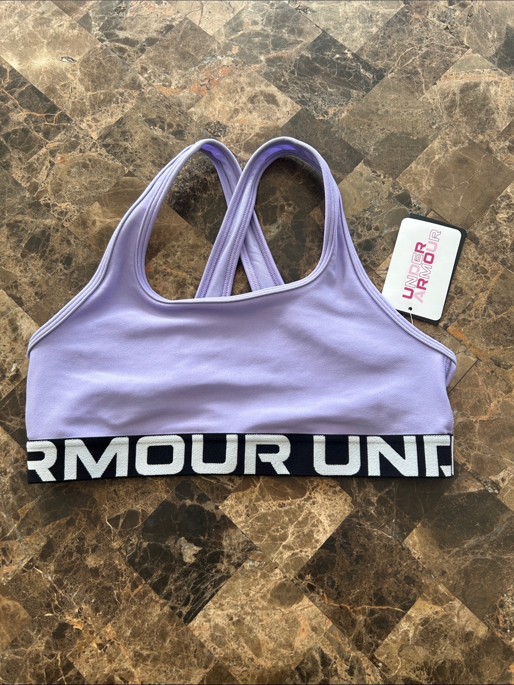 NWT 🆕 Under Armour Lavender Cross-Back Sports Bra with Black Band Youth L (12yr)
